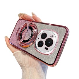 QIWEIQING Glitter Case for Honor Magic 6 Pro, Electroplate Flash Shell for Girls Women Ring Stand Function Camera Protector Shockproof Transparent TPU Cover for Honor Magic 6 Pro. Pink DS