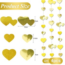 52 ft Gold Heart Garland, 4 Pieces 4 m Hanging Paper Garland, Gold Decoration, Heart Garlands for Wedding, Engagement, Anniversary, Valentine's Day, Birthdays Decoration