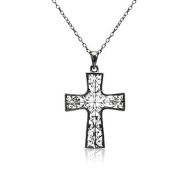 Hoops & Loops Black Flashed Sterling Silver Two-Tone Diamond-cut Filigree Cross Pendant Necklace