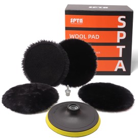 SPTA HWPPS6M14M5 Lambskin Pad, Lambskin Cover, Lambskin, 5-Piece 150 mm Polishing Disc Polishing Set, Wool Pad, Lambswool, 150 mm, Velcro Pad Polishing Disc + M14 Drill Adapter for Car Polishing