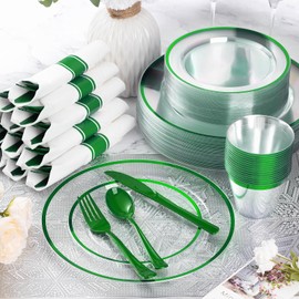 Goodluck 350 Piece Green Plastic Dinnerware Set for Party, Clear Disposable Plates for 50 Guests, Include: 50 Dinner Plastic Plates, 50 Dessert Plates, 50 Pre Rolled Napkins with Cutlery Set, 50 Cups