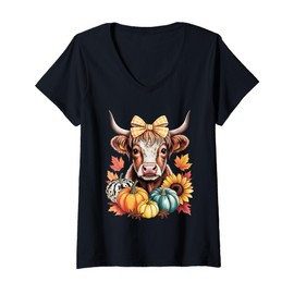 Womens Cute Highland Cow Fall Season Pumpkin Design Gift Men Women V-Neck T-Shirt