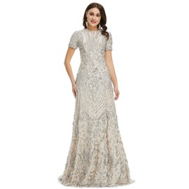 Ikerenwedding Women's Short Sleeves Sequins A-Line Formal Evening Dress Silver US22