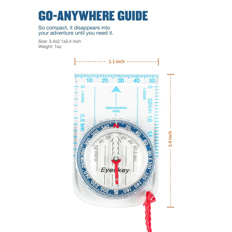 Eyeskey Ultra-Light Compass,Compact Hiking&Mountaineering, Accurate Orienteering Compass with Map Scales