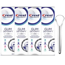 Crest Pro-Health Gum Detoxify Ultra Toothpaste with Gentle Whitening 4.7 oz (Pack of 5) Gum and Enamel Protection Bundle with Stainless Steel Tongue Cleaner Pro