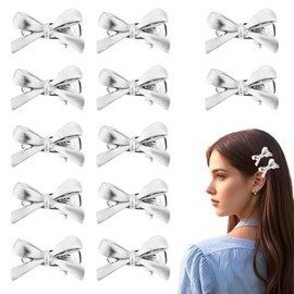 Pack of 12 Hair Clips with Bow for Women, Cute Hair Clips with Bow, Mini Hair Clips with Bow, Metal Clips for Thick, Thin, Straight, Curly Hair (Silver)