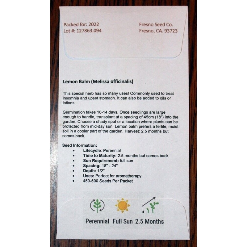 Fresno Seed Co. Lemon Balm Herb Seeds- 400mg packet (Approx.
