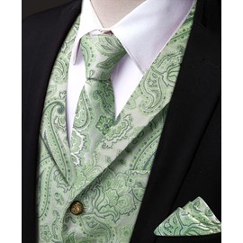 YourTies Men's Suit Vest Dress Silk Formal Paisley Waistcoat Retro Sage Green Vest and Tie Set for Tuxedo Wedding Party St. Patrick' s S