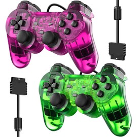 Wired Controller for PS2 Double Shock, 2 Pack Gamepad Remote Compatible with Play Station 2 (Clear Purple and Clear Grean)