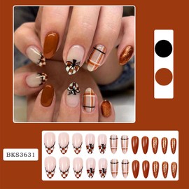24 Pcs Fall Press on Nails Medium Almond Fake Nails Brown French Tip Nails Press Ons with Thanksgiving Pumpkin Pattern Grid Glossy Design Autumn Acrylic Full Cover Stick on Nail for Women