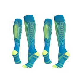 KICAS 2 Pairs Geometry Compression Socks for Women & Men(20-30mmHg), Performance Tall Socks, Best for Hockey, Running, Flight, Travel, Compression Arch Support (Green/Yellow, S)