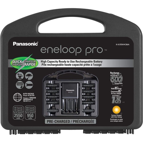 Panasonic K-KJ55KHC86A Eneloop pro High Capacity Rechargeable Batteries Power Pack 8AA, 6AAA, 4 Hour Quick Battery Charger and Plastic Storage Case