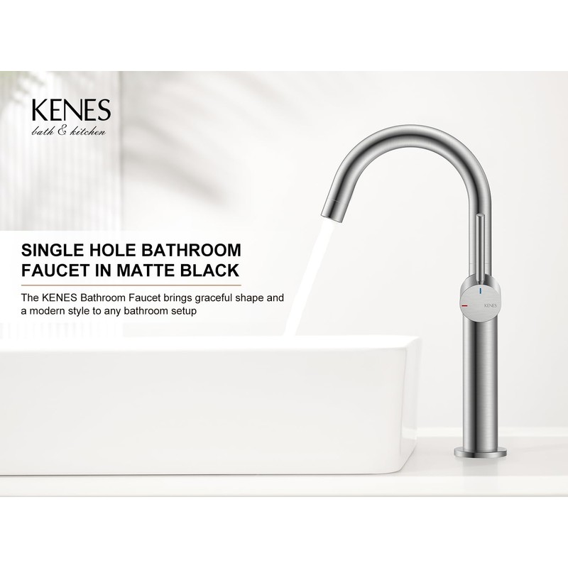 KENES Brushed Nickel Vessel Sink Faucet, Single Handle Tall Bathroom