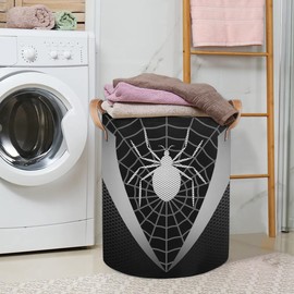 Gray Spider Web Large Laundry Hamper Basket, Round Collapsible Storage Organizer Bin for Kids, Boys, Nursery, Closet, Bedroom, Playroom, Toys, Dirty Clothes, 16"W x 20"H