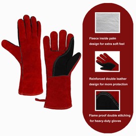 OLSON DEEPAK Leather Heavy Duty Heat Resistant Safety Gauntlet Gloves,Used for Welding,Fireplace,Oven,Woodburner,Stoves,BBQ,1pair (Red, 14inch)