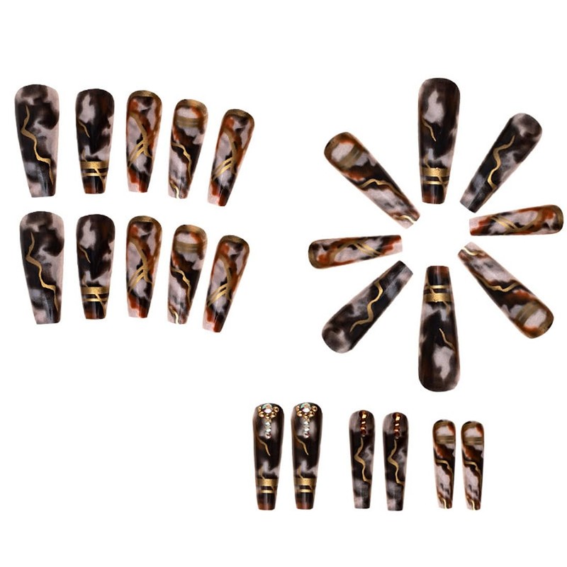 ANDGING Long Coffin Press on Nails Black Marble Glue on