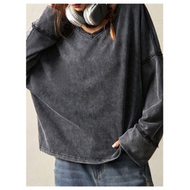 RoseSeek Women's V Neck Cut Out Open Back Sweatshirt Long Sleeve Drop Shoulder Loose Pullovers Black Large