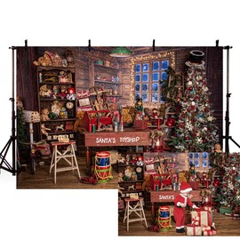 MEHOFOND 7x5ft Christmas Santa's Toy Shop Backdrop Photography for Vintage Rustic Wood House Snow Night Cottage Gift Xmas Tree Decoration Background Kids Indoor Portrait Photo Studio Photobooth Props