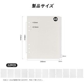 YACHUN Divider Cards, A5 Index Cards, 12 Pages, Approx. 8.3 x 5.8 inches (210 x 148 mm), Translucent, 6 Holes, Divider Labels, Made of Polypropylene, Durable, Waterproof, Notepad, Divider Files, Study