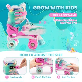 NEMONE Mermaid 4 Size Adjustable Light up Roller Skates for Girls, Green Rose Skates for Toddlers, Beginner Kids Roller Skates Indoor Outdoor (Green L)