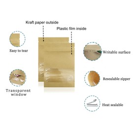 PABCK 100 Pack (Inner Size 2.36x2.36inch) Clear Window Airtight Seed Packets Brown Kraft Paper Envelopes for Zip Food Storage Lock Small Bags Zipper Seal Resealable Heat Seal Pouch Coffee Packaging