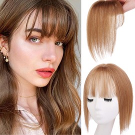 Mscat Bangs Hair in Clip 50% Human Hair Mixed Extensions Fake French Bangs for Women Fringe with Temples Hairpieces Curved Bangs for Daily Wear (Light Brown, French Bangs)