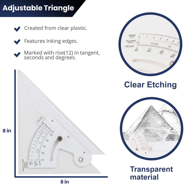 TRIANGLE ADJUSTABLE CLEAR ACRYLIC 8 INCH WITH INKING EDGE