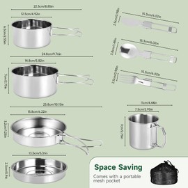 8-Piece Camping Cookware Set for 1-2 People, Portable Camping Pots, Foldable and Stackable, Stainless Steel Outdoor Cooking Set with Cutlery for Camping, Hiking, Picnic, Travel