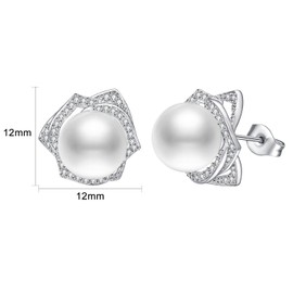 Airokiy Sterling Silver Pearl Studs Earrings for Women Dainty White Pearl Cubic Zirconia Flower Stud Earrings Hypoallergenic Wedding Jewellery