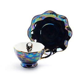 Grace Teaware Skull Black Gold Luster Tea Cup and Saucer with Gold Trim