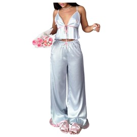 MakeMeChic Women's 2 Piece Pajama Lounge Sets Lace Trim Bow Cami Top and Pants Satin Sleepwear Outfit Blue Medium