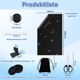 SPOKKI Blackout Roller Blind, Window Blackout 300 x 145 cm, Blackout Roller Blind, No Drilling, Portable Roof Window Blackout Fabric Blackout Film for Windows, Darkening, Heat Protection, Cold