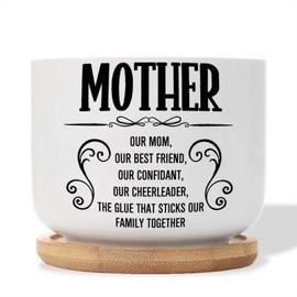 DecStic Mother's Day Planters Ceramic Bible Verse Round Flower Pots with Drainage Holes and Bamboo Tray Pot for Outdoor Garden Home Plant