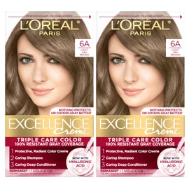 L'Oreal Paris Excellence Crème Permanent Hair Dye, Triple Care Hair Color with Hyaluronic Acid for 100% Gray Coverage, 6A Light Ash Brown, 1 Kit (Pack of 2) (Packaging May Vary)