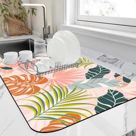 Dish Drying Mat Boho Foliage Botanical Leaves Floral Kitchen Mat 12"x19" Bsorbent Coffee Maker Mat for Dishes Utensils Coffee Maker Pots and Pans Easy Clean Dish Slip Resistant Pad