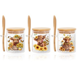 3Pcs Highland Cow Sunflower Condiment Container Pots Watercolor Cattle Floral Glass Seasoning Storage Jars Set with Lid & Spoon Tea Coffee Sugar Canister for Home Kitchen Countertop Decorations