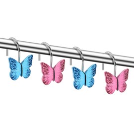 AGPTEK 12PCS Home Fashions Butterfly Anti Rust Decorative Resin Hooks for Bathroom Shower Curtain,Bedroom,Living Room Curtain-Pink and Blue