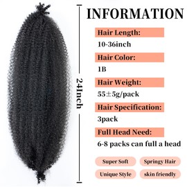 Ainimiu 8 Packs Pre-Separated Springy Afro Twist Hair Spring Twist Hair Natural Black Marley Twist Crochet Braiding Hair for Soft Locs Hair Synthetic Hair Extensions for Women (1B, 16 Inch(Pack of 3))
