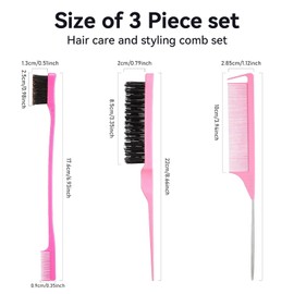 3 Pcs Slick Back Hair Brush, Edges Brush, Back Combing Brushes, Backcombing Brush, Teasing Brush, Plastic Bristle Hair Brush, Slick Back Hair Brush Women, For Women Hair Salon Hair Slicking(Pink)