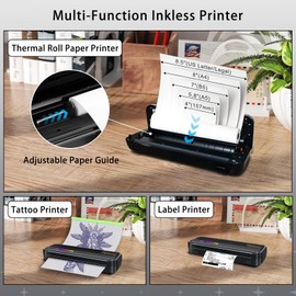 Portable Thermal Wireless Printers for Home Use, Inkless-Bluetooth-Printer Support for A4 Size Compatible with iOS, Android & Laptop for Tattoo,Travel,Office（Black with 6Rolls Thermal Paper）