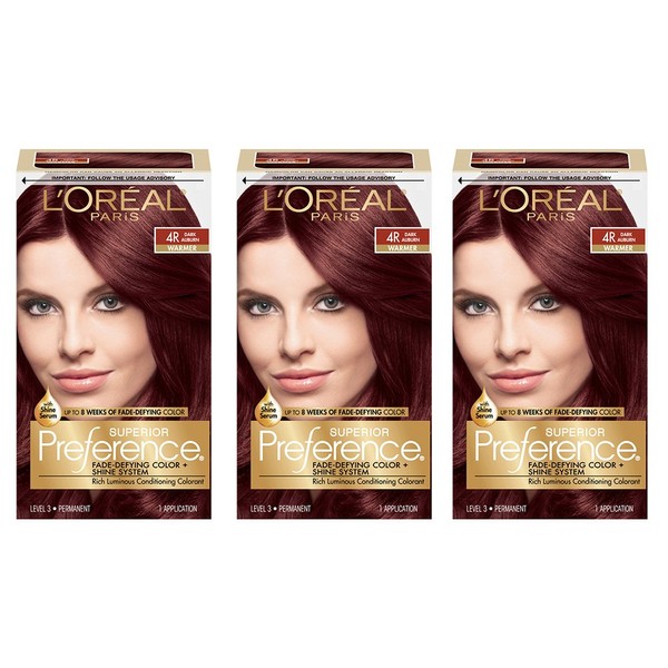 L'Oreal Paris Superior Preference Fade-Defying + Shine Permanent Hair Color, 4R Dark Auburn, Pack of 3, Hair Dye