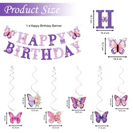 Torytoe Geburtstagsdeko, Happy Birthday Banner Schmetterling Hängende Wirbel Girlande Geburtstag Lila Partydeko für Frauen Mädchen