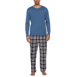 Ekouaer Mens Pajamas Set Long Nightwear Drawstring Sleepwear Set With Top And Check Pants/Bottoms With Pockets,Marineblau,L