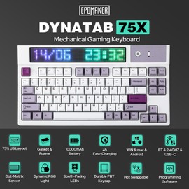 EPOMAKER DynaTab 75X Wireless Gaming Keyboard with Custom Dot-Matrix RGB LED Screen, Hot Swap Gasket-Mounted Mechanical Keyboard, Bluetooth/2.4G/USB-C Custom Keyboard (White, Sea Salt Silent Switch)
