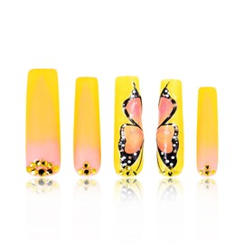 LOVFUL Press on Nails Follow Me Butterfly| Handmade with Full Covered Crystals| Reusable Fake Nails| Square Mid length 1.7in| H152-S