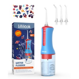 Lillilook Kids Water Flosser, Portable Waterproof Oral Irrigator Water Teeth Cleaner Pick, 4 Modes for Ages 6+, Rechargeable with 3 Jet Tips (Blue)