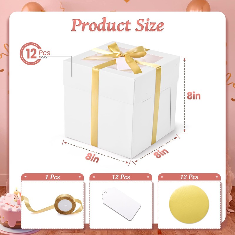 DOYIDE 24Pcs 8x8x8 Inch Cake Boxes, 12pcs White Bakery Boxes