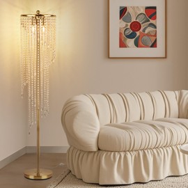 QiMH Crystal Floor Lamp for Living Room/Bedroom Decor, Bling Elegant Rain Lamp, Gold Standing Indoor Tall Pole Light Simple Floor Lamp with Foot Switch