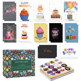 Magic Ants Birthday Card Set - Pack of 24 with Birthday Cakes, Balloons, Gifts - Happy Birthday in Various Fonts and Colours - Includes 24 Envelopes