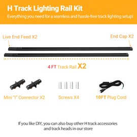 VANoopee H Track Lighting Rails Kit with Plug in Cord, 8FT H Type Track Rails Black with End Caps, Live End Feed Connector and 10FT Plug Cord, Compatible with120V H Style Track System